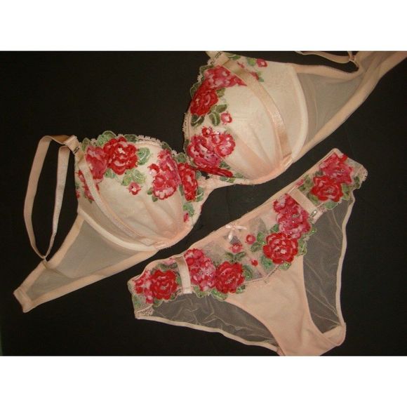 Victoria's secret 32B,34B,34D,34DD BRA SET+garter+panty Embroidered Roses Pink - Picture 7 of 9